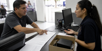 Cliente aponta para documentos de cobrança enquanto conversa com uma atendente diante de uma caixa com equipamento eletrônico.