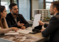 Casal conversa com corretor em escritório imobiliário enquanto analisa documentos e imagens de um apartamento sobre a mesa.