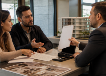 Casal conversa com corretor em escritório imobiliário enquanto analisa documentos e imagens de um apartamento sobre a mesa.