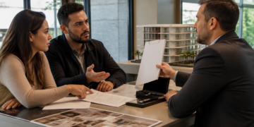 Casal conversa com corretor em escritório imobiliário enquanto analisa documentos e imagens de um apartamento sobre a mesa.
