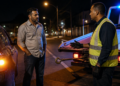 Motorista conversa com operador de guincho ao lado do carro parado em uma rua à noite, diante do reboque iluminado.