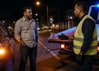 Motorista conversa com operador de guincho ao lado do carro parado em uma rua à noite, diante do reboque iluminado.