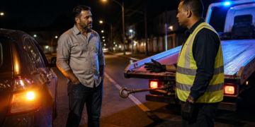 Motorista conversa com operador de guincho ao lado do carro parado em uma rua à noite, diante do reboque iluminado.