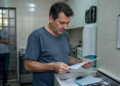 Homem examina documentos retirados de uma gaveta enquanto outro adulto observa ao fundo e um calendário com vários dias marcados aparece na parede.