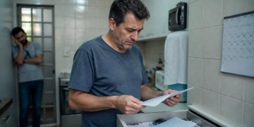 Homem examina documentos retirados de uma gaveta enquanto outro adulto observa ao fundo e um calendário com vários dias marcados aparece na parede.