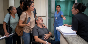 Família acompanha homem em cadeira de rodas enquanto mulher com celular conversa com atendente e profissional de saúde em corredor hospitalar.