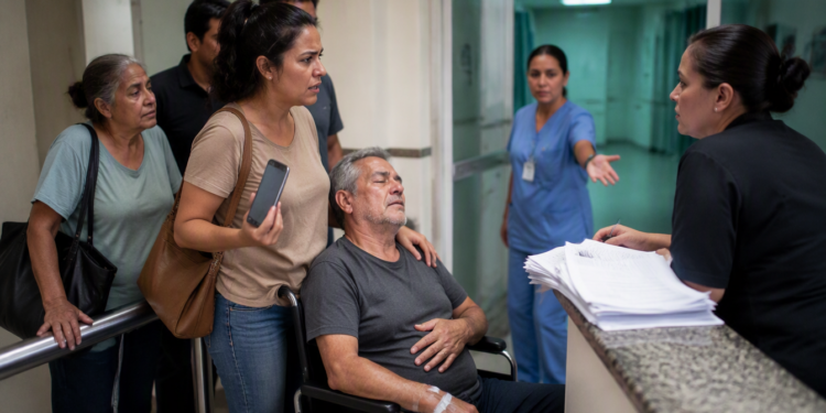 Família acompanha homem em cadeira de rodas enquanto mulher com celular conversa com atendente e profissional de saúde em corredor hospitalar.