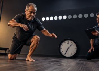 Homem mais velho realiza movimento de sentar e levantar do chão em uma academia, enquanto um avaliador observa com uma prancheta.