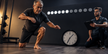 Homem mais velho realiza movimento de sentar e levantar do chão em uma academia, enquanto um avaliador observa com uma prancheta.