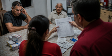Família reunida à mesa analisa extratos, anotações e despesas médicas enquanto um homem idoso acompanha a conversa.