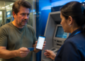 Homem preocupado mostra o celular e um cartão bancário a uma atendente ao lado de um caixa eletrônico em uma agência bancária.