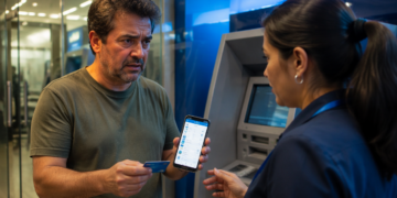 Homem preocupado mostra o celular e um cartão bancário a uma atendente ao lado de um caixa eletrônico em uma agência bancária.