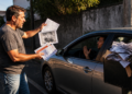 Homem segura notificações e documentos ao lado de um carro parado na rua, enquanto conversa com o motorista e uma caixa de correio cheia de papéis aparece em primeiro plano.