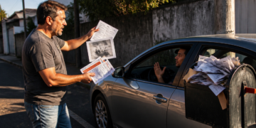 Homem segura notificações e documentos ao lado de um carro parado na rua, enquanto conversa com o motorista e uma caixa de correio cheia de papéis aparece em primeiro plano.