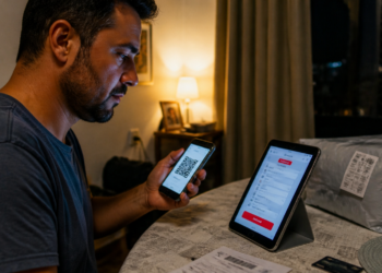 Homem aponta o celular para um QR Code enquanto consulta uma tela ao lado de uma encomenda, documentos e um cartão sobre a mesa.