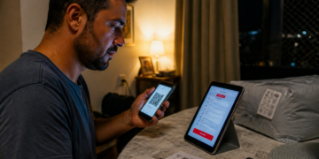 Homem aponta o celular para um QR Code enquanto consulta uma tela ao lado de uma encomenda, documentos e um cartão sobre a mesa.