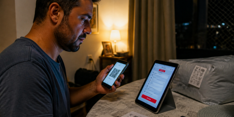Homem aponta o celular para um QR Code enquanto consulta uma tela ao lado de uma encomenda, documentos e um cartão sobre a mesa.