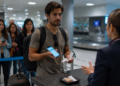 Viajante com mochila mostra o celular e comprovantes em papel a uma atendente no balcão de um aeroporto, com fila e esteira de bagagens ao fundo.