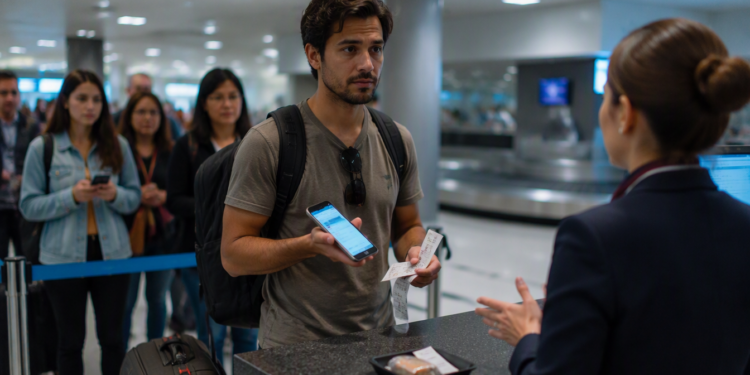 Viajante com mochila mostra o celular e comprovantes em papel a uma atendente no balcão de um aeroporto, com fila e esteira de bagagens ao fundo.