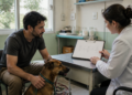 Tutor sentado ao lado de um cão conversa com uma profissional de jaleco, que apresenta uma linha do tempo desenhada em uma prancheta dentro de um consultório.