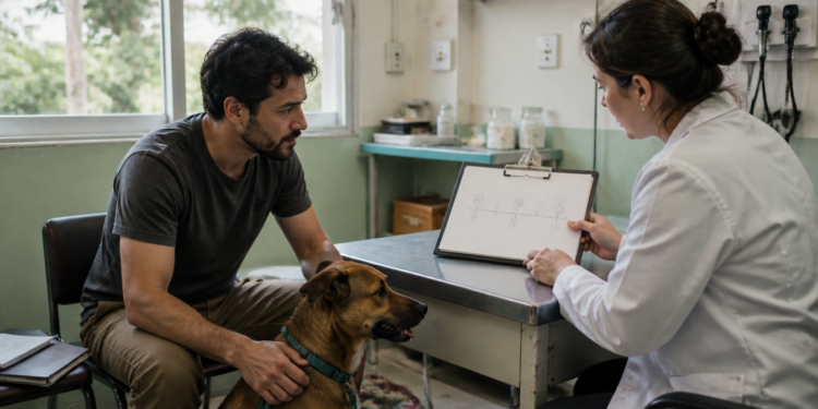Tutor sentado ao lado de um cão conversa com uma profissional de jaleco, que apresenta uma linha do tempo desenhada em uma prancheta dentro de um consultório.