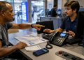 Cliente aponta para o atendente em um balcão de loja enquanto discute documentos, celular e cobrança da conta telefônica.