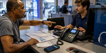 Cliente aponta para o atendente em um balcão de loja enquanto discute documentos, celular e cobrança da conta telefônica.