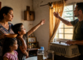 Família observa um pássaro pousado na cortina enquanto um homem com caixa de transporte estende a mão dentro de uma casa.