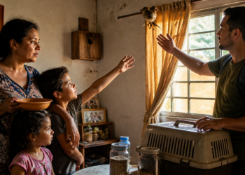 Família observa um pássaro pousado na cortina enquanto um homem com caixa de transporte estende a mão dentro de uma casa.