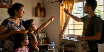 Família observa um pássaro pousado na cortina enquanto um homem com caixa de transporte estende a mão dentro de uma casa.