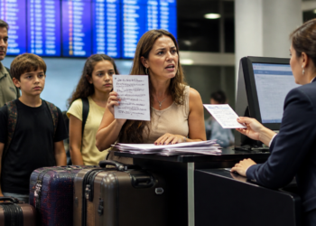 Mulher apresenta documentos a uma atendente no balcão de um aeroporto, acompanhada por um homem e duas crianças com malas, diante de painéis de voos.