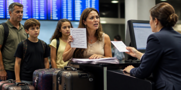 Mulher apresenta documentos a uma atendente no balcão de um aeroporto, acompanhada por um homem e duas crianças com malas, diante de painéis de voos.