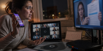 Mulher segura um celular e olha com preocupação para a tela de um monitor, ao lado de um notebook, roteador e anotações sobre a mesa em ambiente noturno.