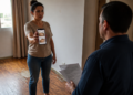 Mulher mostra a tela do celular com fotos a um homem que segura documentos dentro de um apartamento vazio.