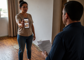Mulher mostra a tela do celular com fotos a um homem que segura documentos dentro de um apartamento vazio.
