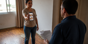 Mulher mostra a tela do celular com fotos a um homem que segura documentos dentro de um apartamento vazio.