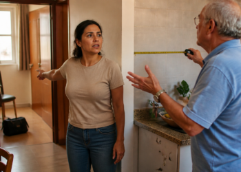 Inquilina aponta para a porta enquanto um homem idoso mede a parede da cozinha com uma trena dentro do apartamento.