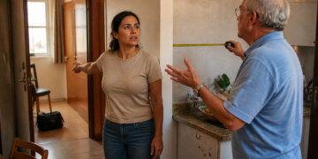 Inquilina aponta para a porta enquanto um homem idoso mede a parede da cozinha com uma trena dentro do apartamento.