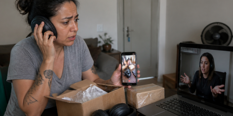 Mulher com expressão preocupada segura um celular enquanto usa fones de ouvido diante de uma caixa aberta, outro pacote e um notebook em videochamada.