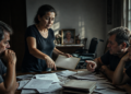Mulher apresenta uma pasta e aponta para documentos espalhados sobre a mesa durante uma conversa com três familiares, diante de uma cadeira de rodas e do retrato de uma idosa.
