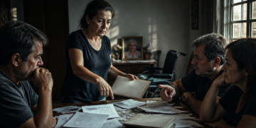 Mulher apresenta uma pasta e aponta para documentos espalhados sobre a mesa durante uma conversa com três familiares, diante de uma cadeira de rodas e do retrato de uma idosa.