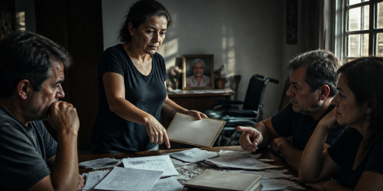 Mulher apresenta uma pasta e aponta para documentos espalhados sobre a mesa durante uma conversa com três familiares, diante de uma cadeira de rodas e do retrato de uma idosa.