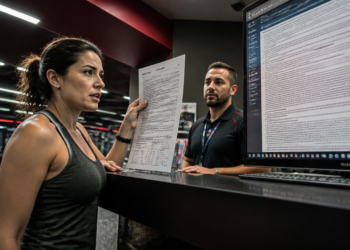 Mulher segura um contrato durante conversa com atendente no balcão de uma academia, diante de uma tela com informações extensas.