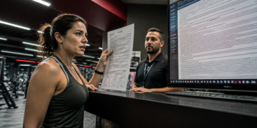 Mulher segura um contrato durante conversa com atendente no balcão de uma academia, diante de uma tela com informações extensas.