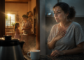 Mulher toca o peito diante de uma xícara e uma chaleira, enquanto observa ao fundo uma cozinha iluminada com uma mulher e uma criança.