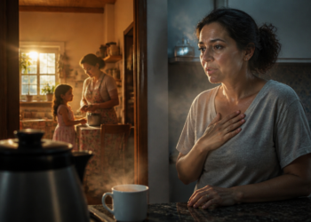 Mulher toca o peito diante de uma xícara e uma chaleira, enquanto observa ao fundo uma cozinha iluminada com uma mulher e uma criança.