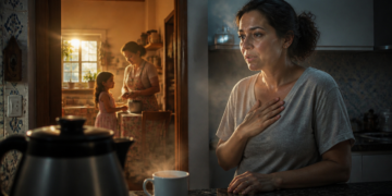 Mulher toca o peito diante de uma xícara e uma chaleira, enquanto observa ao fundo uma cozinha iluminada com uma mulher e uma criança.