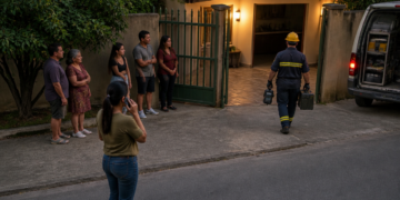 Técnico com capacete caminha em direção a uma casa enquanto moradores aguardam no portão e uma mulher fala ao telefone na calçada, ao lado de uma van de serviço.