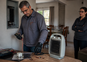 Eletricista usa instrumentos de medição para examinar um aquecedor portátil e fios queimados, enquanto uma moradora observa ao lado do quadro elétrico aberto.