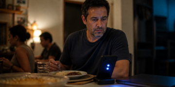 Homem sentado à mesa durante o jantar observa um celular iluminado, com prato de comida e notebook fechado ao lado.